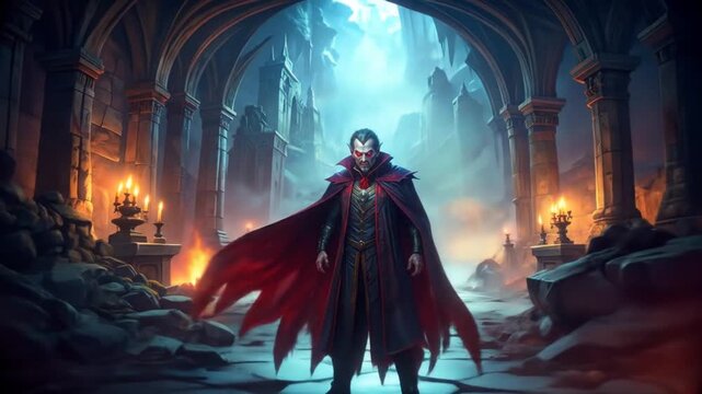 Gothic vampire in ruined cathedral