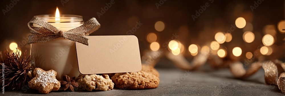 Poster warm candlelight illuminates festive holiday cookies, creating a cozy atmosphere with soft bokeh lig
