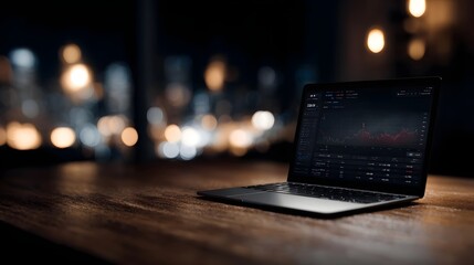 Laptop screen displaying a cryptocurrency trading dashboard on a dimly lit desk