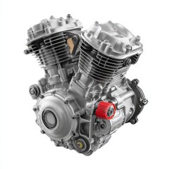 A detailed image of a powerful motorcycle engine, showcasing its intricate design and components