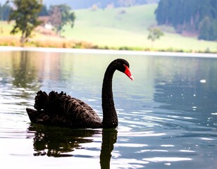 Obraz premium A striking black swan gracefully glides across a tranquil lake, its dark form a captivating contrast against the serene water.