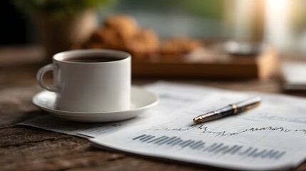 Graphs and charts on desk beside a cup of coffee suggesting an investment analysis scene