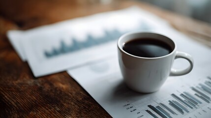 A workspace with coffee printed graphs and analytical documents on a wooden desk  long title A well lit workspace featuring a cup of coffee printed