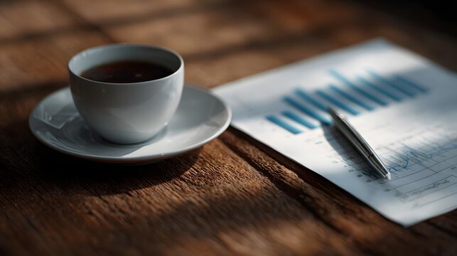 Graphs and charts on desk beside a cup of coffee indicating an investment analysis scene
