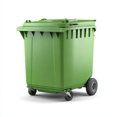 A green recycling bin with wheels, standing ready for waste disposal and environmental protection. The bin has a lid and is designed for collecting refuse