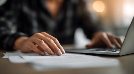 Person typing an invoice on a laptop in a home office setting