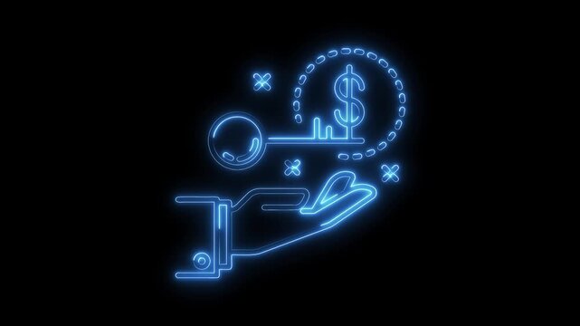 Glowing Neon Blue Hand Holding Key to Dollar Coin Money Symbol Isolated on Black Background - Powered by Adobe