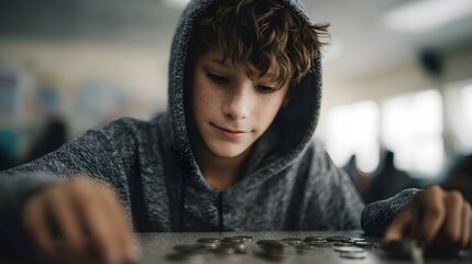 Teen learning money management with coins