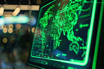 Green glowing world map on a computer screen, displaying global network connections and data visualization in a dimly lit setting.