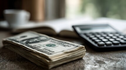 Financial planning and investment setup with dollar bills and calculator