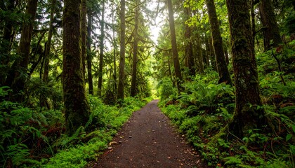 Obraz premium Lush, verdant forest path winds through a dense canopy of towering trees, bathed in soft sunlight.