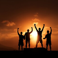 Fototapeta premium Silhouette of four individuals celebrating a victory against the backdrop of a stunning sunset. Their arms are raised in triumphant poses, with a warm golden light behind them