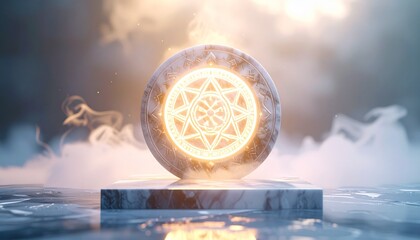 A glowing sacred symbol carved into marble, surrounded by subtle aura and gentle mist, evoking timeless divinity and peace. 