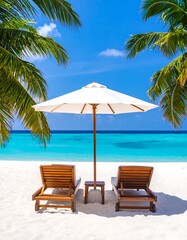 Obraz premium Relaxing beach scene with white umbrella and wooden lounge chairs, showcasing a tranquil turquoise ocean.