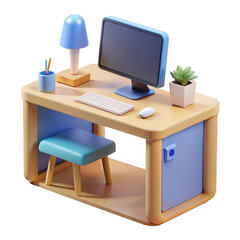 3d rendered wooden desk with computer monitor lamp and chair isolated on transparent background