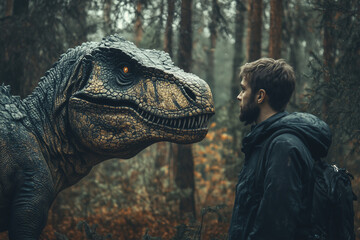 Obraz premium A human and a dinosaur in the forest 