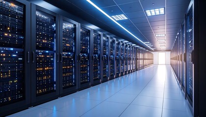 Fototapeta premium Long server room corridor with rows of lit racks