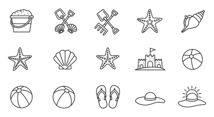 Beach icons and symbols for summer vacation and leisure activities