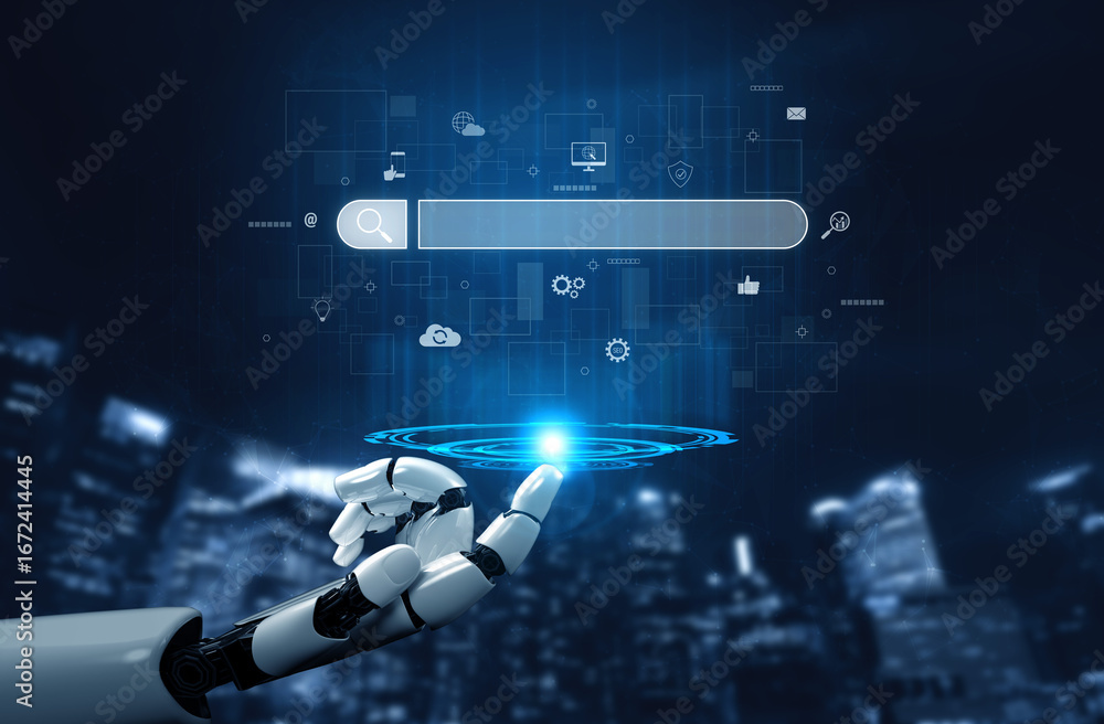 Poster ai assisting search engine interface to find digital information, enhance seo visibility, monitor in