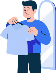 This illustration depicts a man smiling while holding a light blue t-shirt on a hanger, as if evaluating or shopping for clothes.