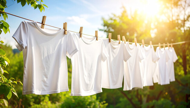 Fresh white t-shirts hanging on a cloths line. AI