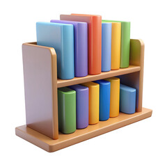 Wooden bookshelf filled with colorful books isolated on transparent background