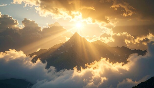 Golden divine light breaking through dense clouds over a serene mountain peak, radiating spiritual purity in a breathtaking natural scene.