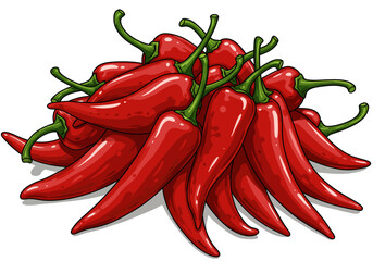 Pile of Vibrant Red Chili Peppers with Green Stems Illustration.
