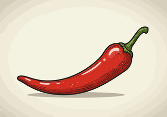 Red Chili Pepper Illustration with Green Stem and Black Outline.
