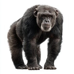 Fototapeta premium A chimpanzee is standing upright, staring at the camera. It has dark fur and a contemplative expression. The chimpanzee is a fascinating animal.