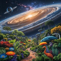 colorful fantasy landscape art design space planets sky stars flora fauna nature spiral cloud sun light sunrise atmosphere texture pattern background