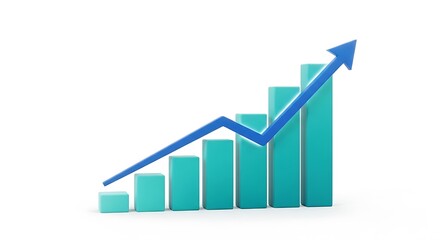 Growing bar chart with upward trending arrow isolated on white background
