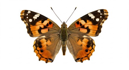 Naklejka premium Vibrant orange butterfly wings spread wide against bright white background. AI Generated