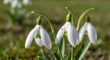 Three delicate snowdrops bloom in early spring sunlight