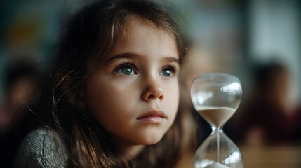 Child gazing at hourglass with wonder lost in contemplation of time and learning