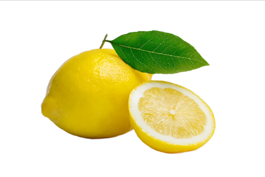 Isolated lemon with a green leaf and two slices on a white background highresolution photography stock photo professional color grading soft shadows low contr