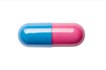 Photo of a blue and white pill with a pink tablet on the right side isolated on a white background Top view
