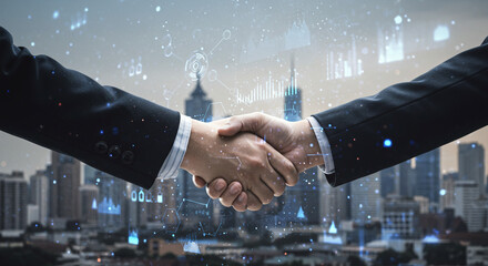 Seal the deal with a handshake symbolizing business success and global partnership amid a futuristic cityscape, perfect for corporate presentations