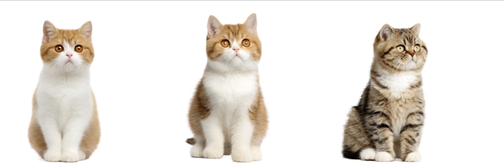 A set of three fulllength sideview photos the images show an adult red and white British Shorthair cat with golden eyes sitting on its hind legs isolated agai