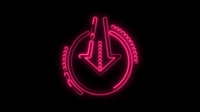 Glowing neon pink down arrow icon isolated on black background abstract digital animation