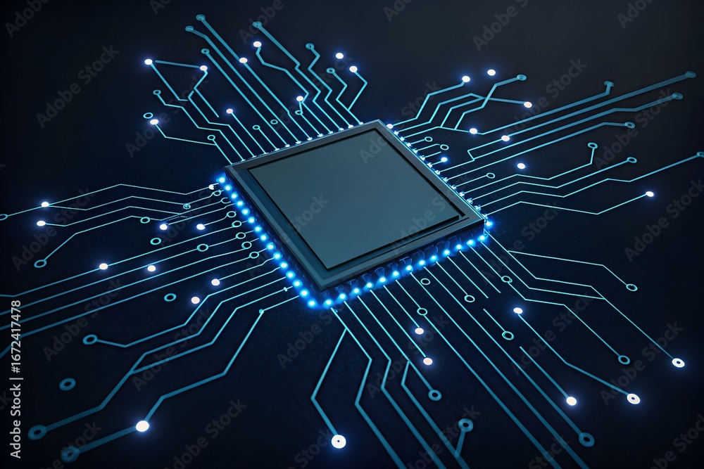 Poster high-tech circuit board glowing processor and intricate pathways
