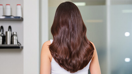 Fototapeta premium Healthy shiny brunette long hair back view in modern salon haircare background