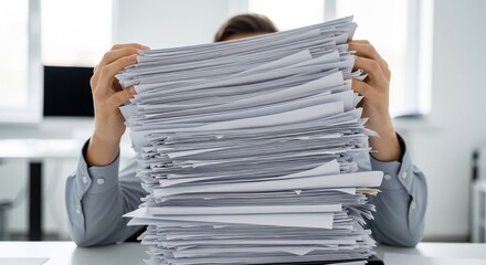 Overwhelmed Person Holding Huge Stack of Papers