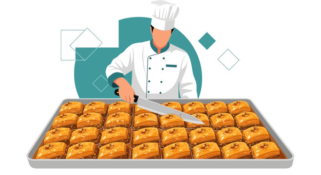 Artisan Preparing Baklava: Culinary Excellence and Dessert Delight Illustration