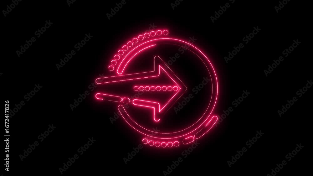 Poster glowing neon pink arrow icon circular progress indicator animation isolated black background