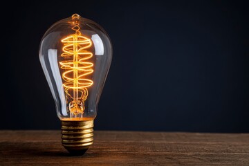 A light bulb sits on a wooden surface with a dark background