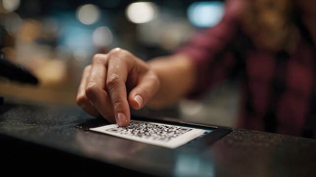 Hand scanning QR code at checkout for contactless payment - Powered by Adobe