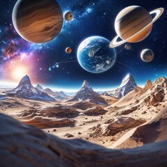 fantasy landscape with planets in space art design planets space sky mountains sunset nature rock peak cloud sun sunrise hill texture pattern background