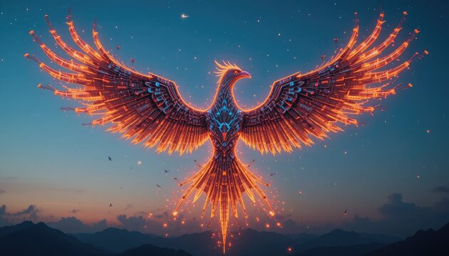 Stunning digital Phoenix rising with vibrant fiery wings against a starry twilight sky, symbolizing strength, rebirth, and transformation - Powered by Adobe