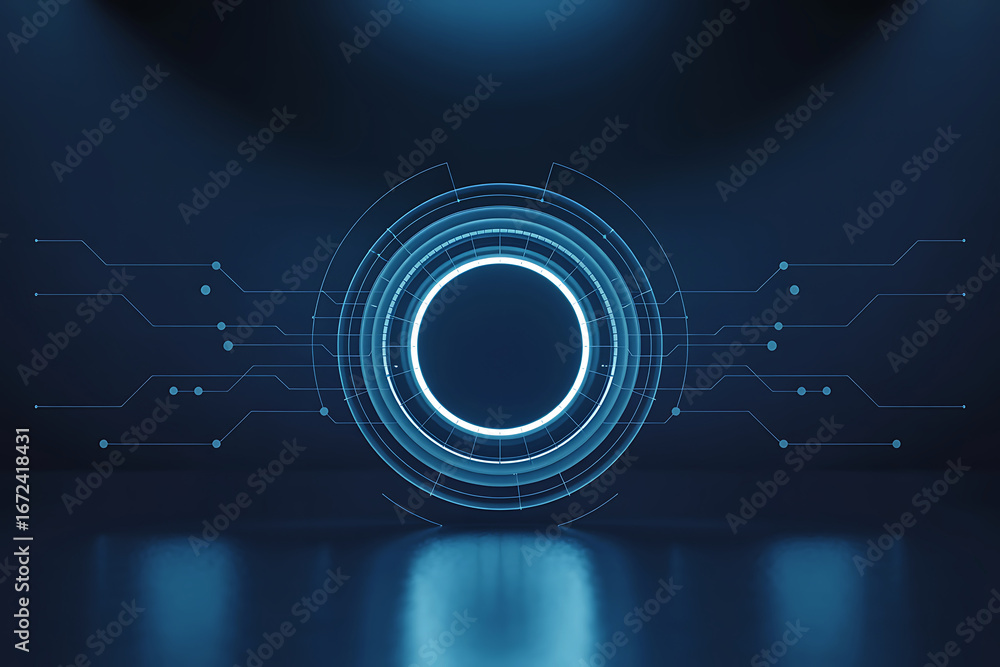 Aufkleber futuristic neon circle interface with digital lines on dark abstract background for technology conce